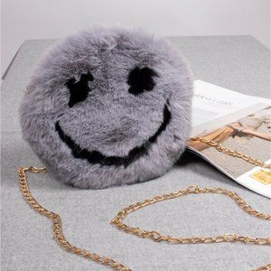 Smiley Face Plush Purse w/ Gold Chain - Grey